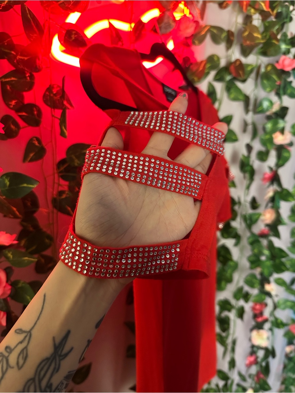 bebe Red Crystal Logo Cold-Shoulder Top - Picture 4 of 5